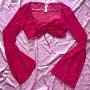Savage X Fenty Fuchsia Long-Sleeve Mesh Crop Top with Rhinestones